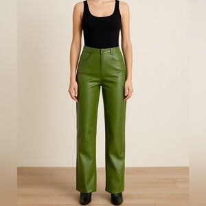 Faux Leather Pants Women Green High Waist Straight Leg Size Small
